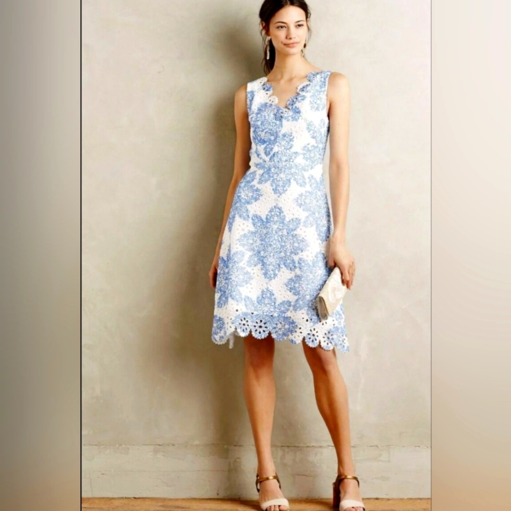 Blue and White Sleeveless V-Neck Midi Dress Anthropology Brand New With Tags